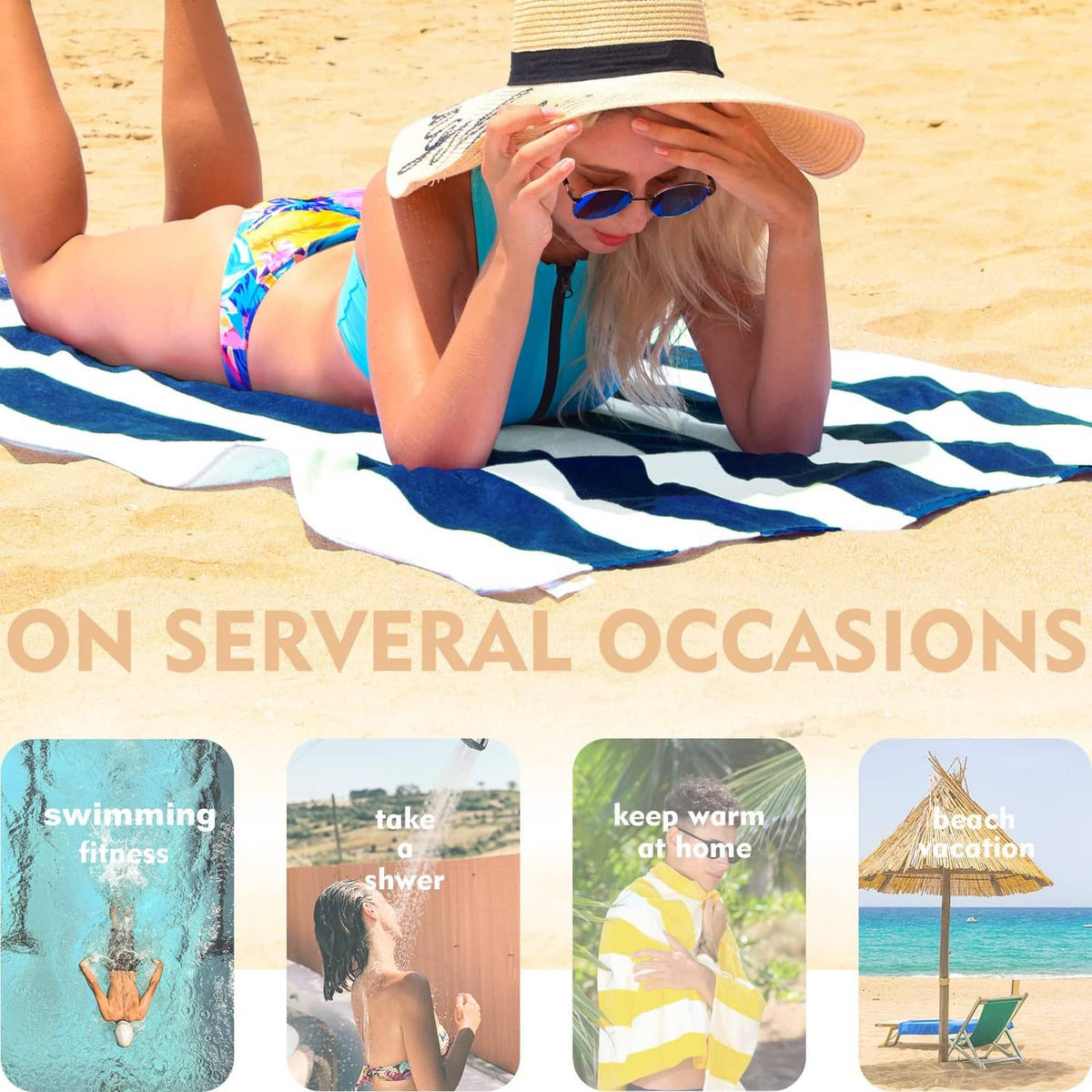 Oversized navy and white striped cotton beach towel laid flat