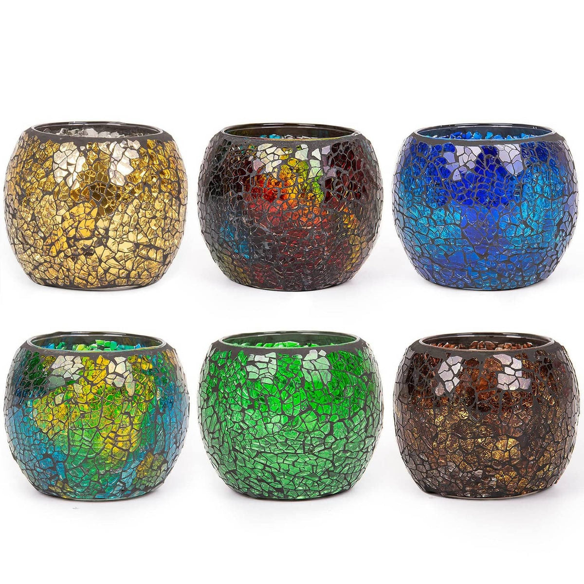 Set of six mosaic glass votive holders in mixed colors, round tea-light shape.