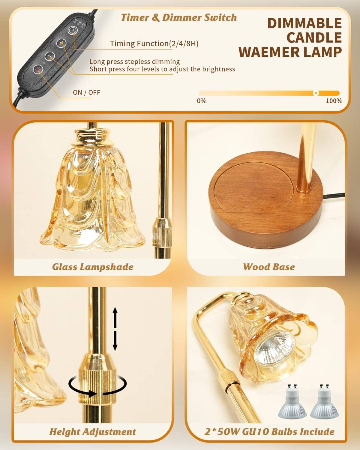 Gold tulip glass candle warmer lamp with timer and dimmable control, wood base