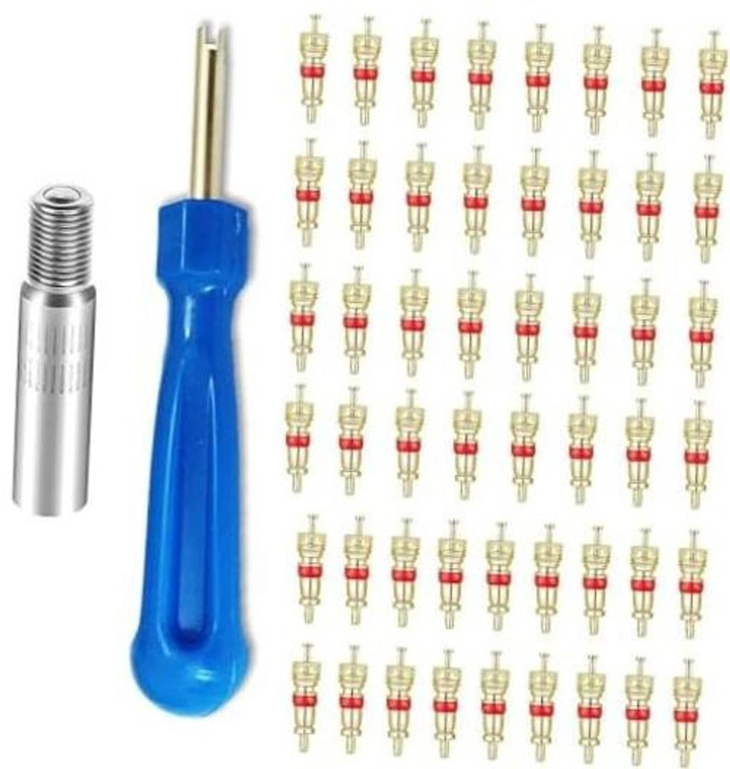Valve stem removal tool with blue handle, metal body, and multiple brass valve cores