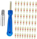 Valve stem removal tool with blue handle, metal body, and multiple brass valve cores