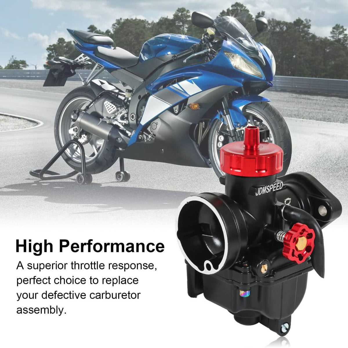 High performance flange carburetor with red top, black body and large intake opening