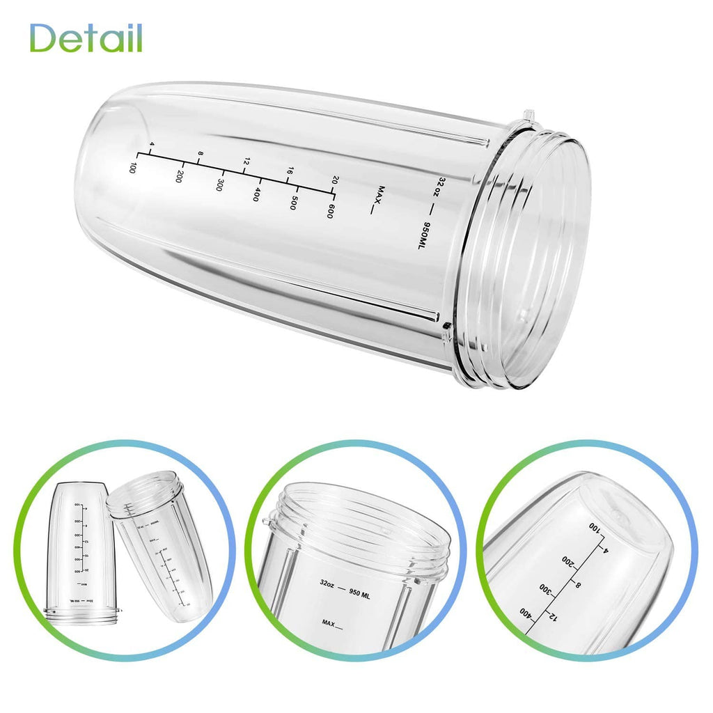 Transparent blender cup with measurement scale, threaded rim and no lid shown