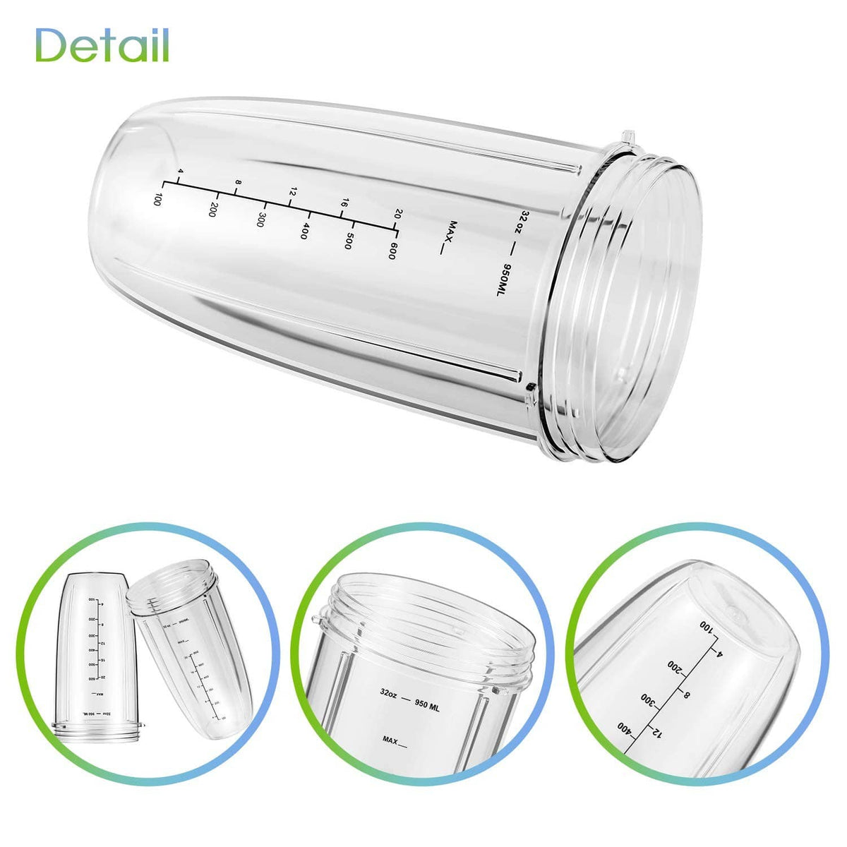 Transparent blender cup with measurement scale, threaded rim and no lid shown