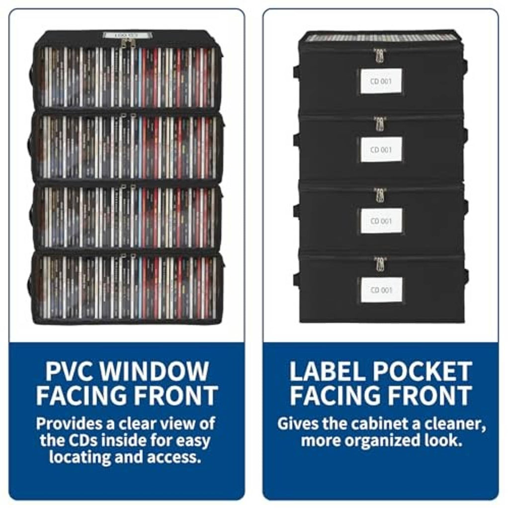 Set of black fabric CD storage boxes stacked with clear lids and label pockets