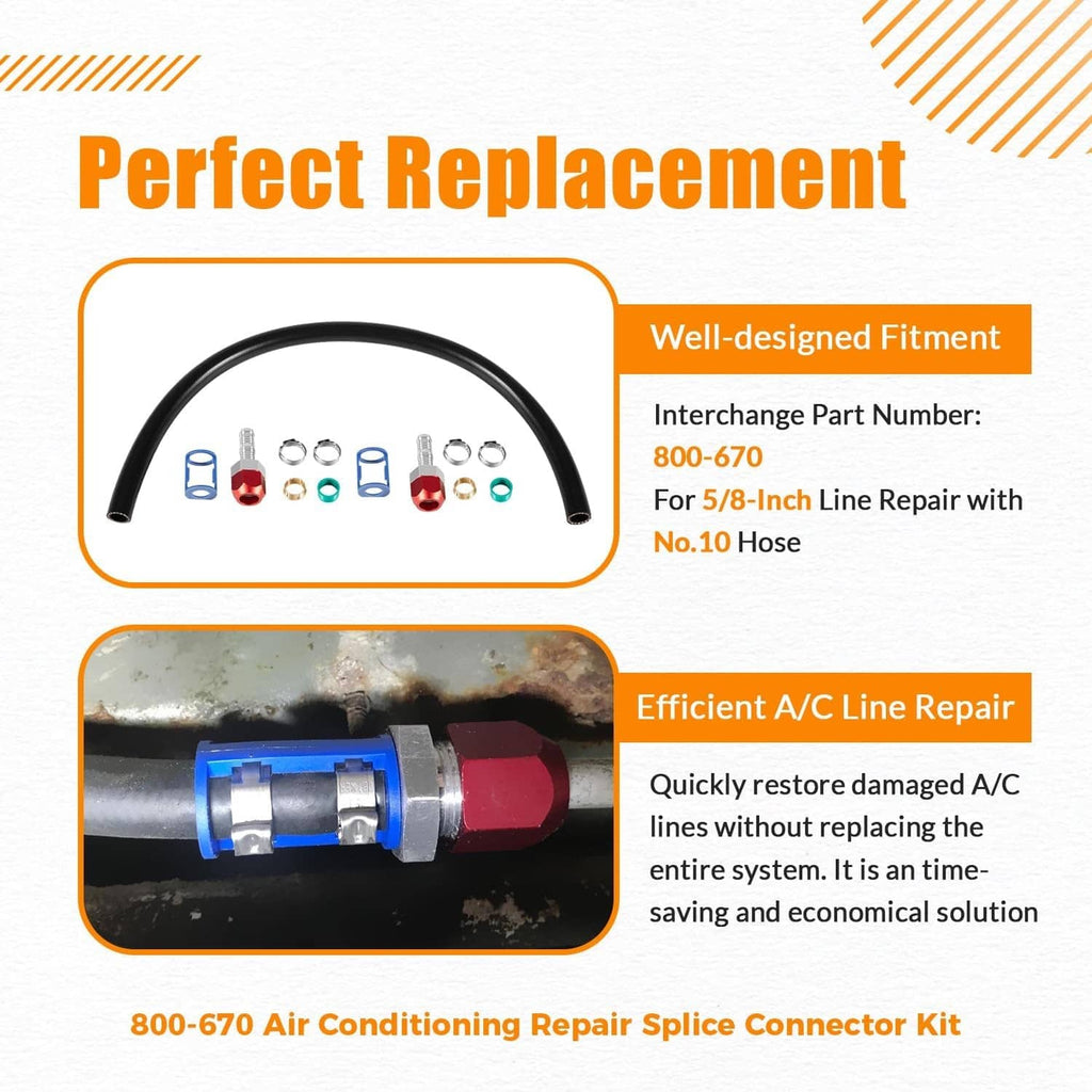A/C line splice connector kit with black hose, metal fittings, and clip rings
