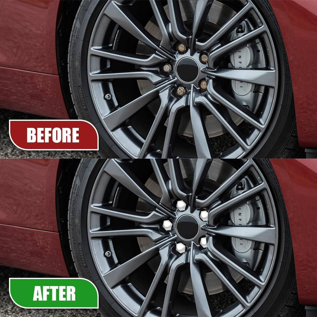 Wheel lug nut covers on a car wheel after installation, covering lug nuts
