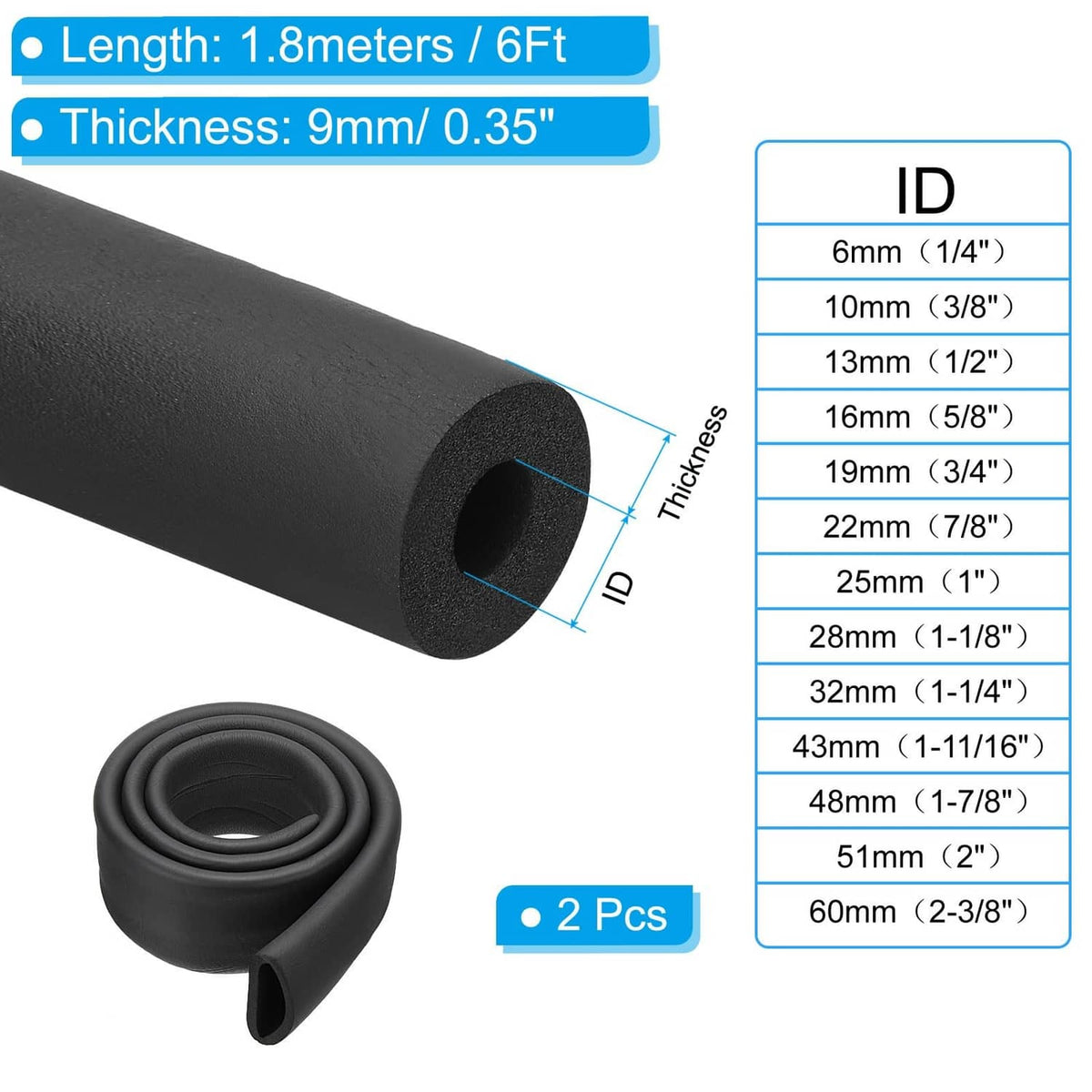 Black foam pipe insulation tube set, 6ft length, 9mm thickness, 2 pcs