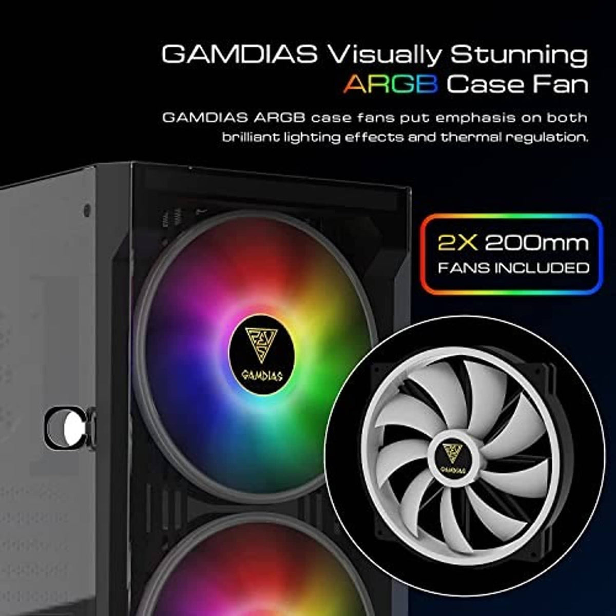 Black mid-tower PC case with ARGB RGB fan and dual 200mm fan setup