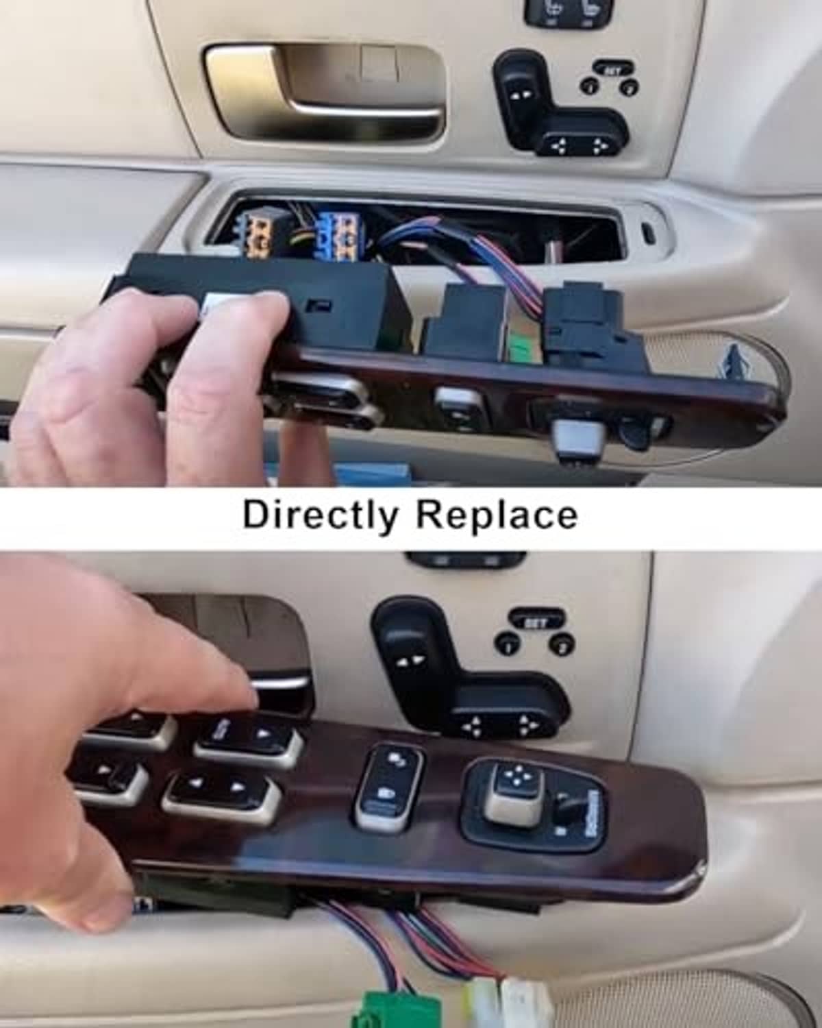 Power door lock and window switch assembly panel, replacement view with wiring harness