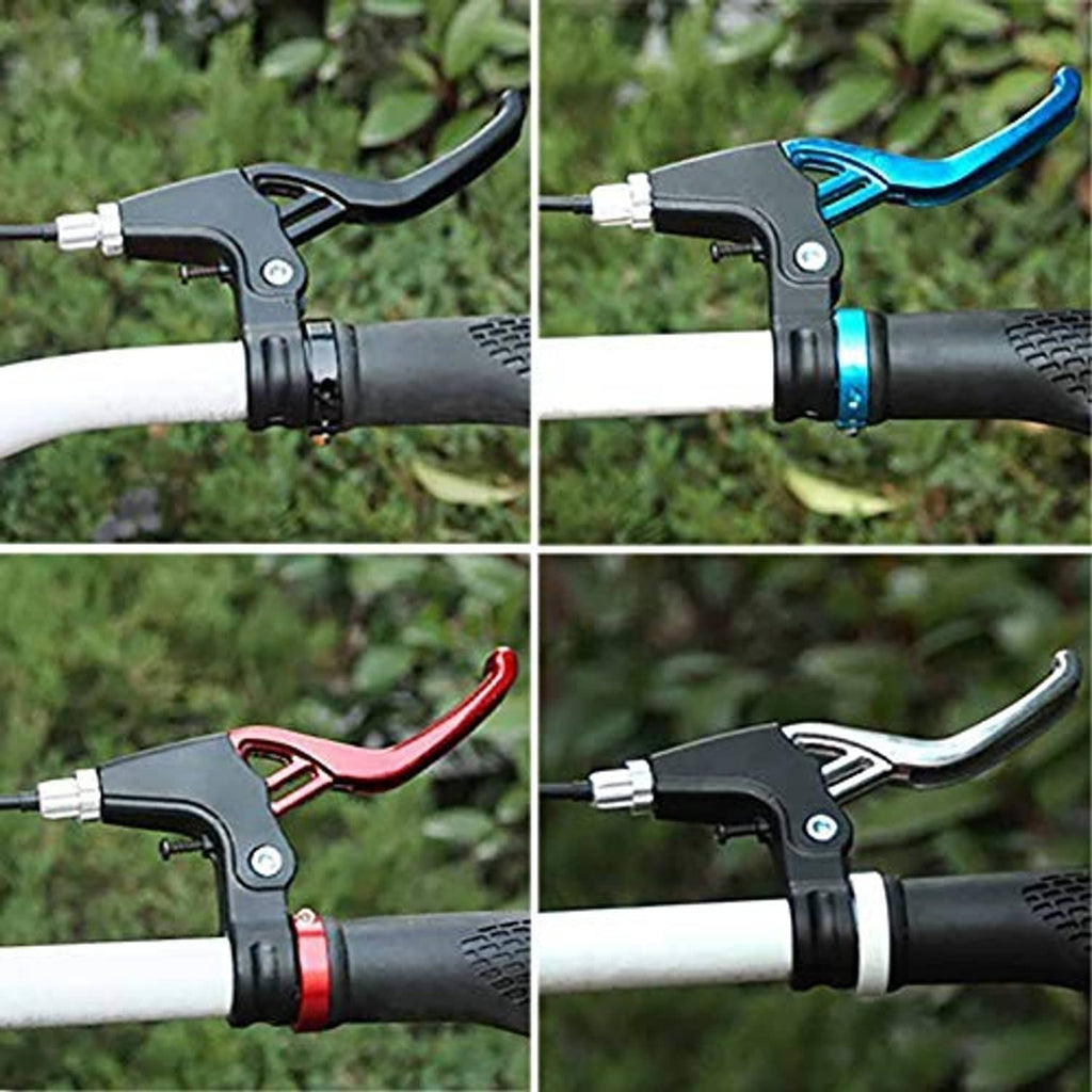 V-brake levers with blue accent and black lever body on handlebars