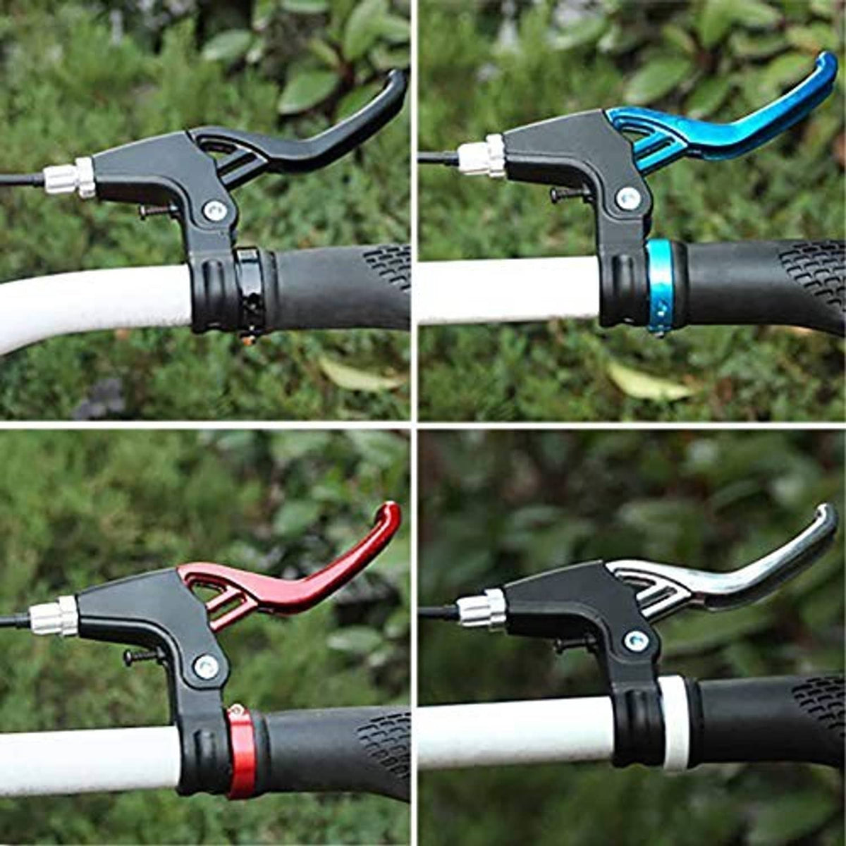V-brake levers with blue accent and black lever body on handlebars