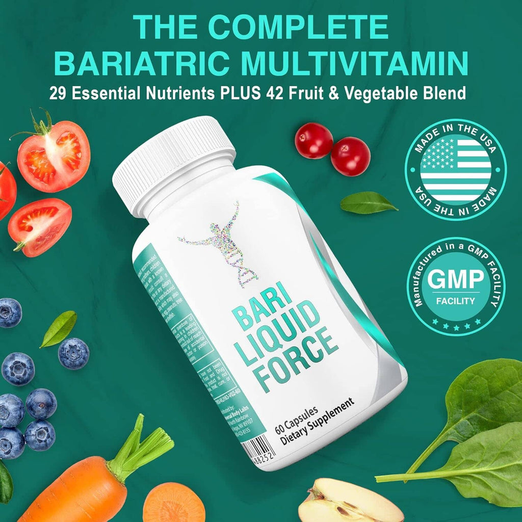 Bari Liquid Force multivitamin bottle with Bari Liquid Force text and white cap