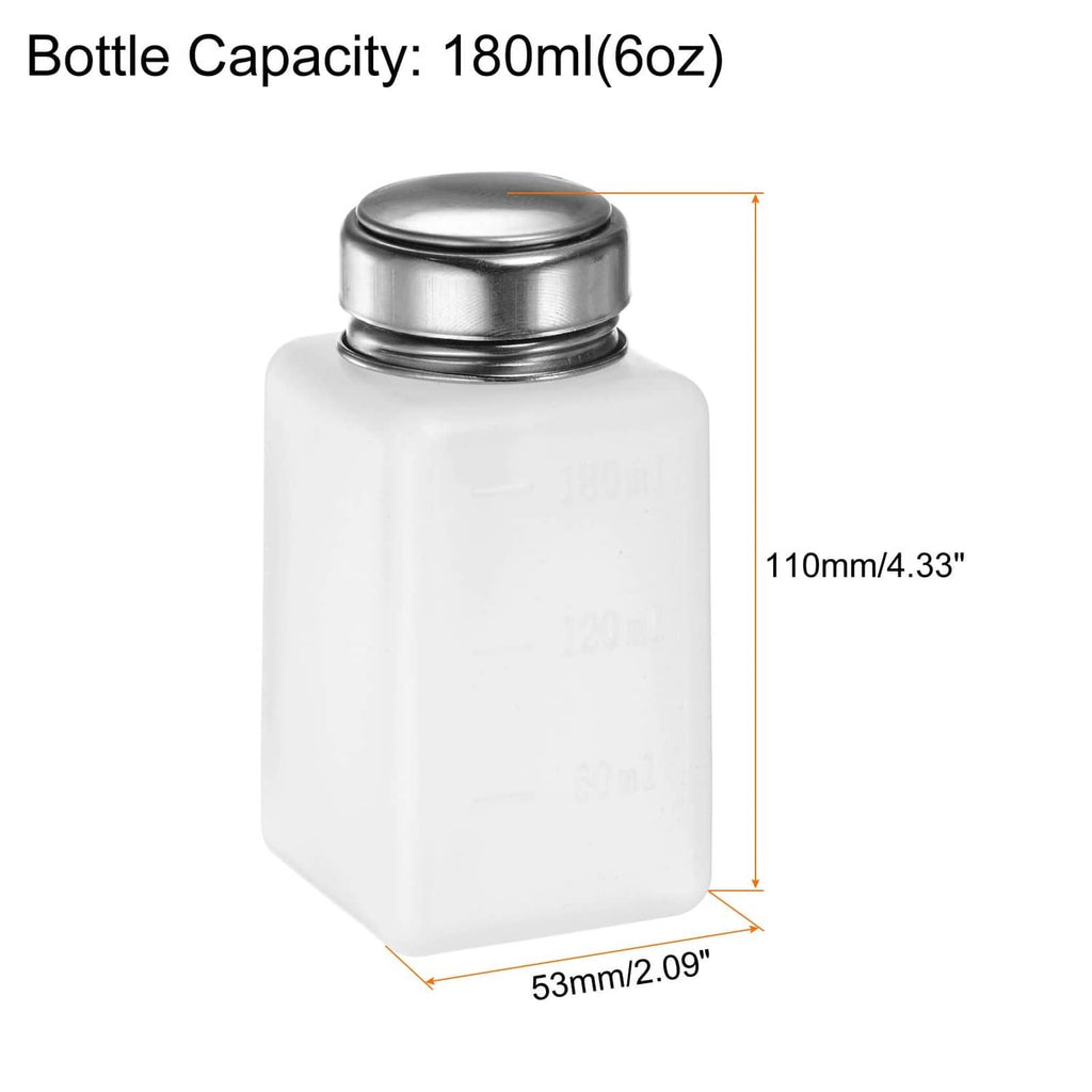 180ml (6oz) white bottle dispenser with silver push-down top; 110mm height.