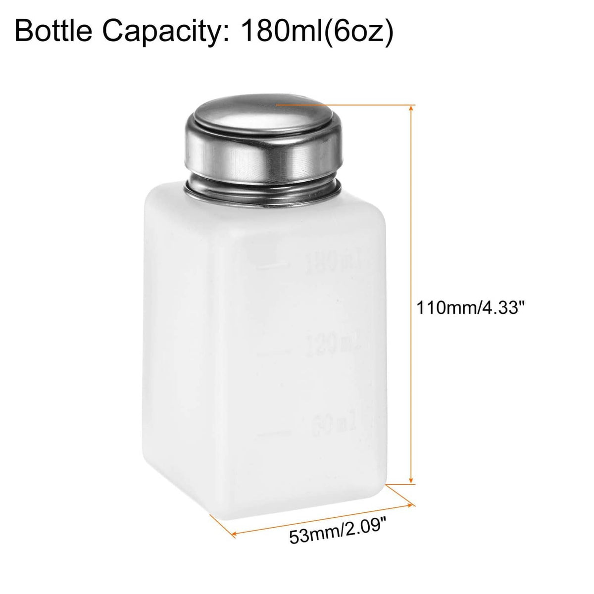 180ml (6oz) white bottle dispenser with silver push-down top; 110mm height.