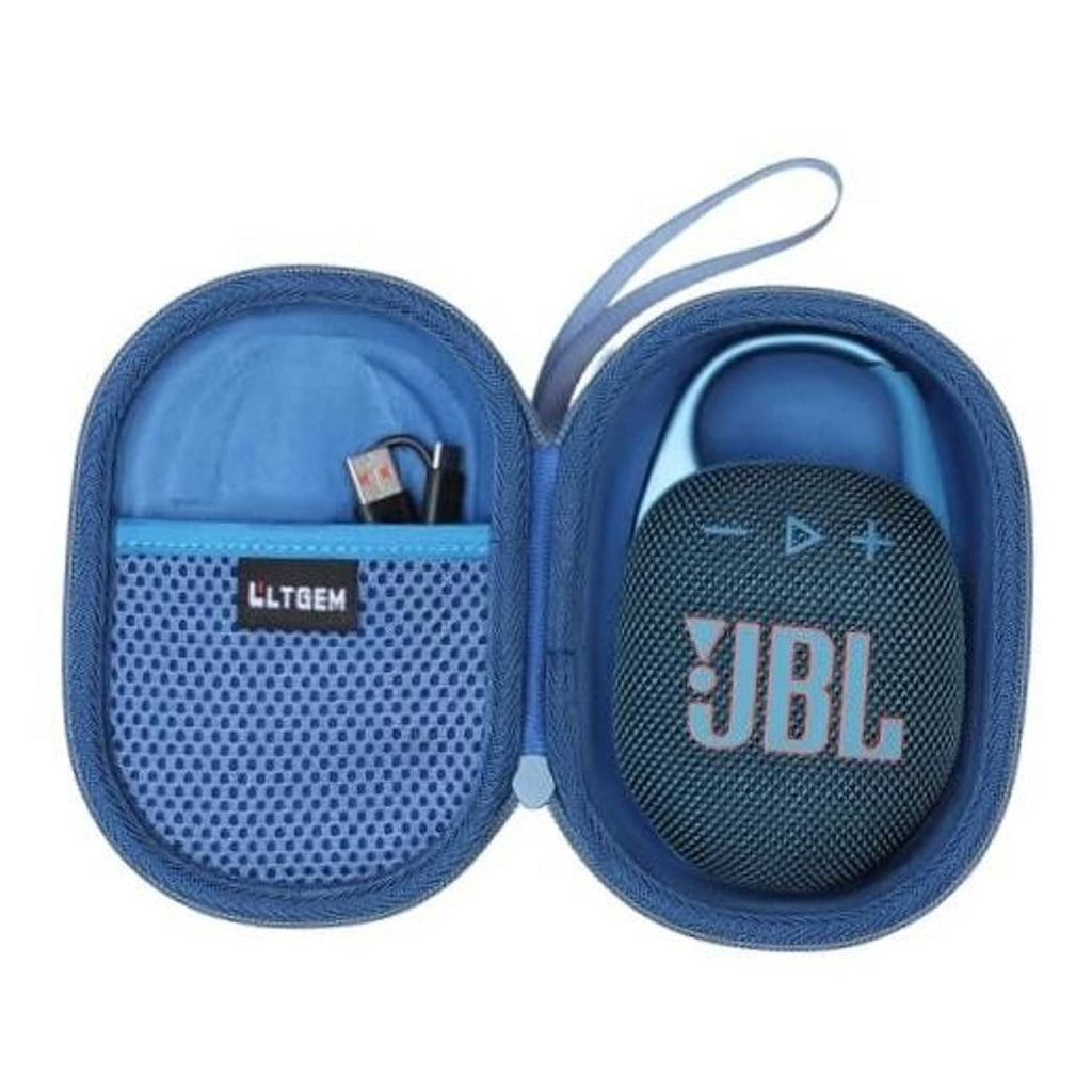 Blue zippered speaker case for JBL Clip with mesh inner pocket and handle loop