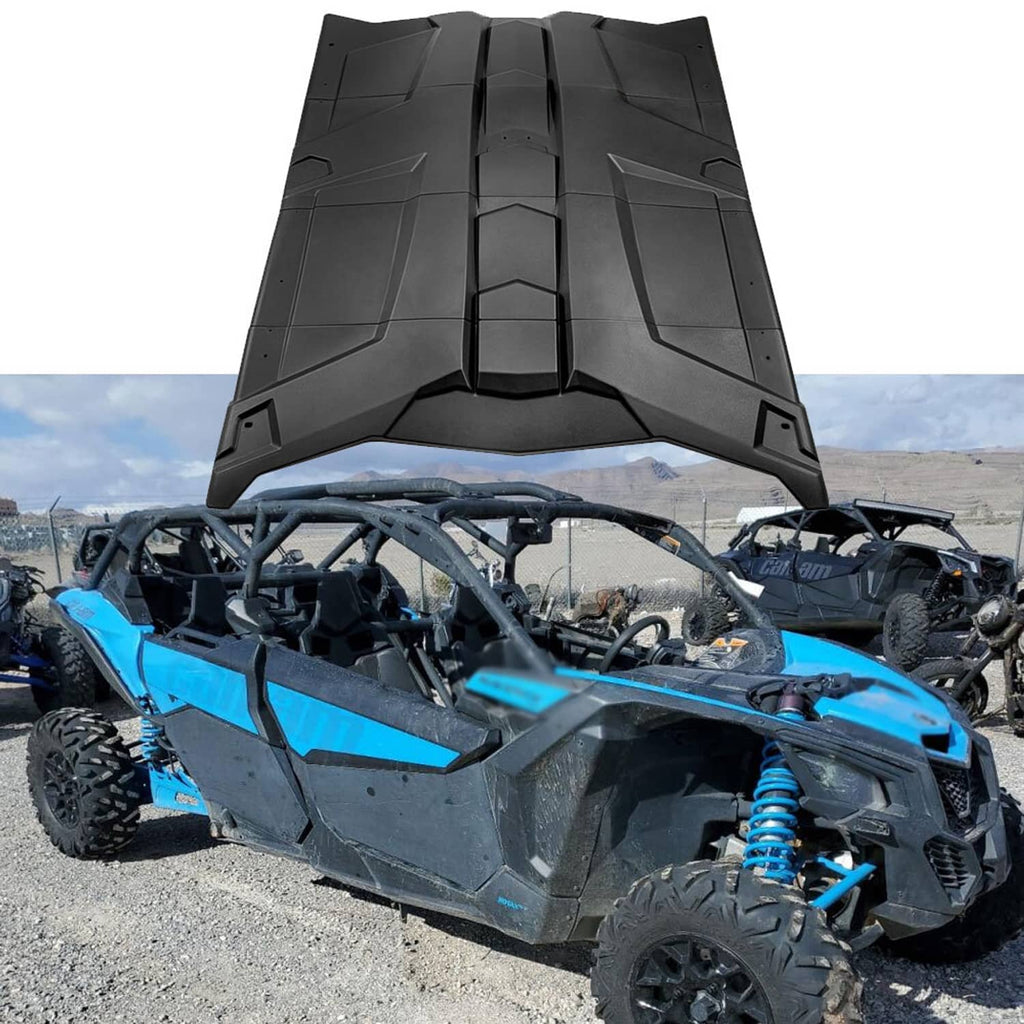 Black UTV hard roof installed on off-road vehicle, overhead cover with center ridge