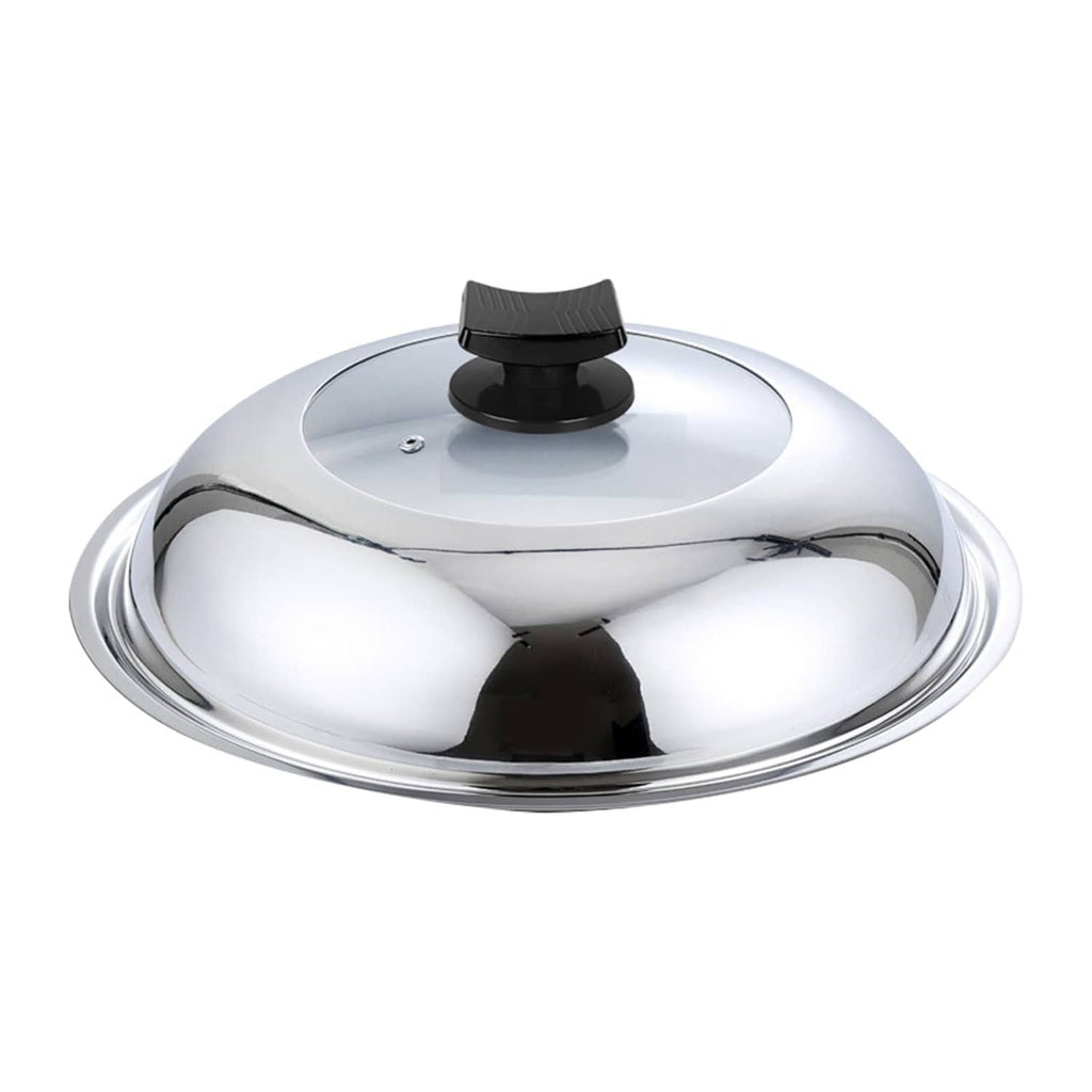 Black lid knob on reflective stainless pot lid with round top