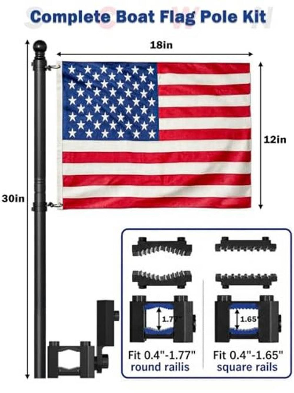 Boat flag pole kit diagram with pole height and mounting clamp dimension guide