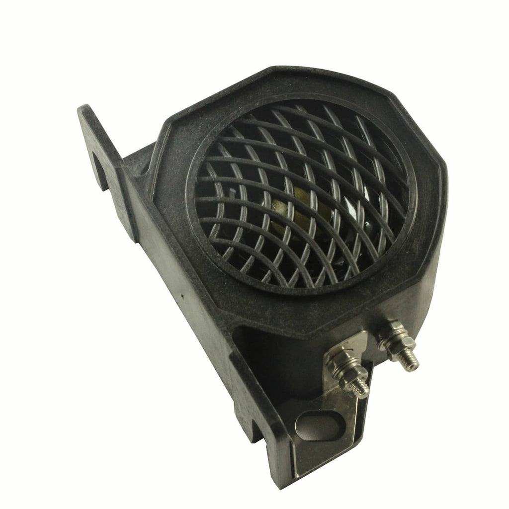 Backup alarm horn from side, showing round speaker grille and mounting tabs