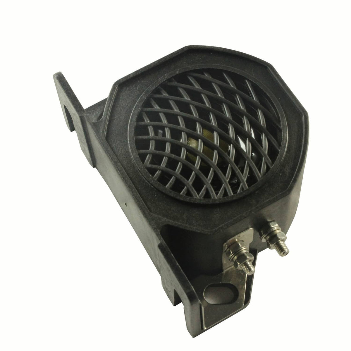 Backup alarm horn from side, showing round speaker grille and mounting tabs
