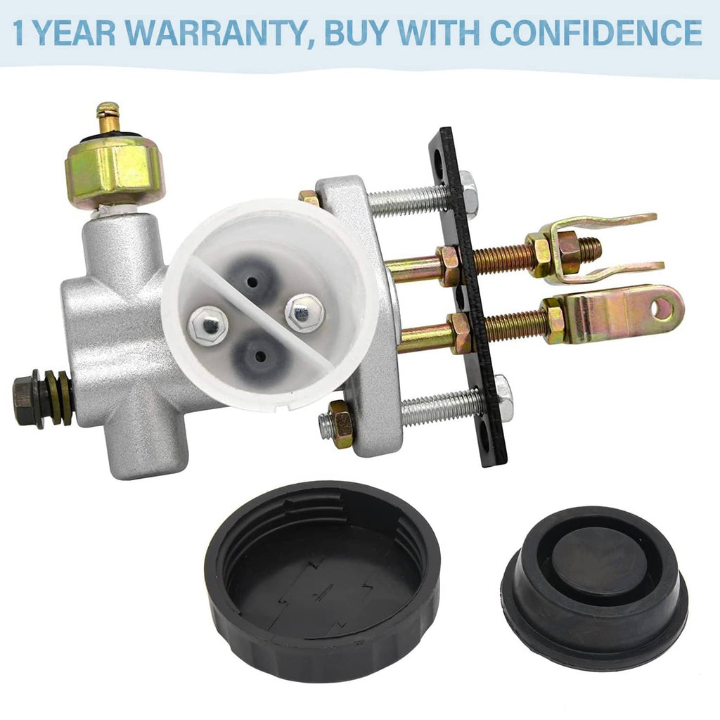 Hydraulic brake master cylinder with open reservoir and rubber caps plus mounting bolts
