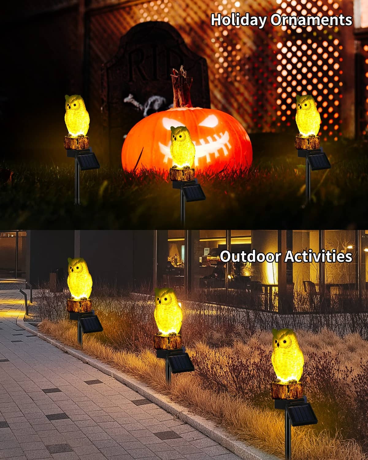 Set of glowing owl solar garden stake lights with log bases and solar panels