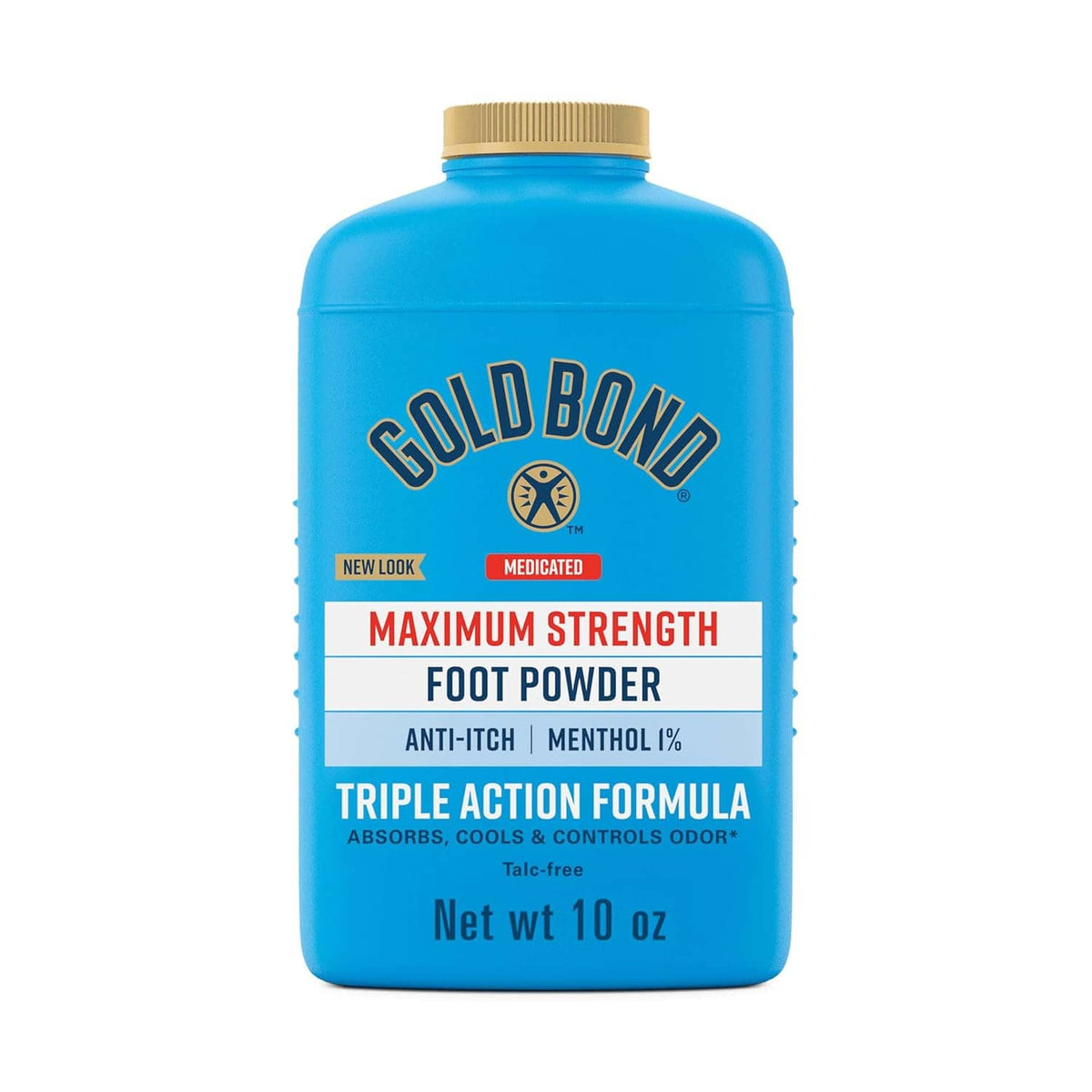 Gold Bond Maximum Strength medicated foot powder bottle, blue label, 10 oz