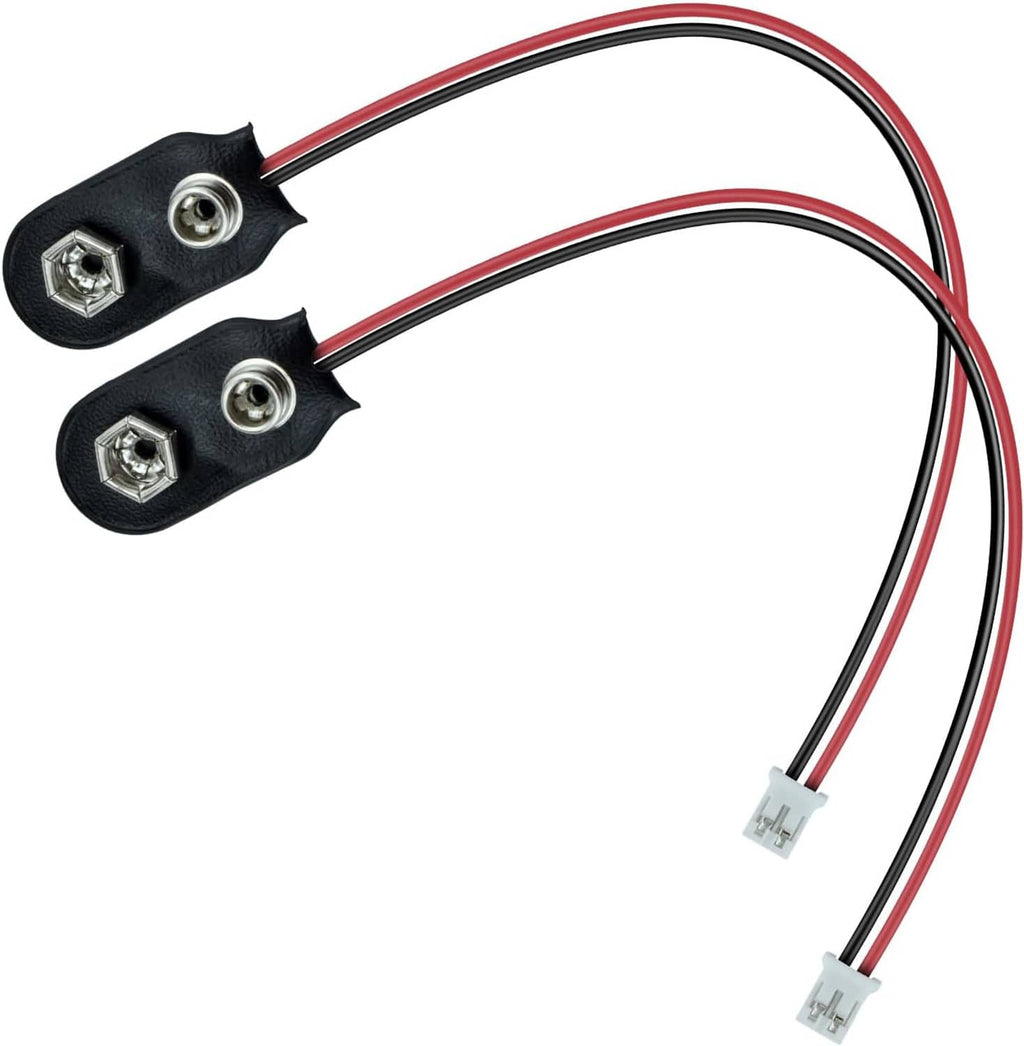 Two 9V battery clip cables ending in two PH2.0 two-pin plugs, red and black