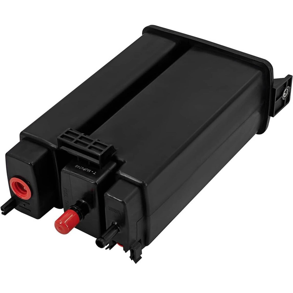 Black fuel vapor canister with red push-in caps and side hose connectors
