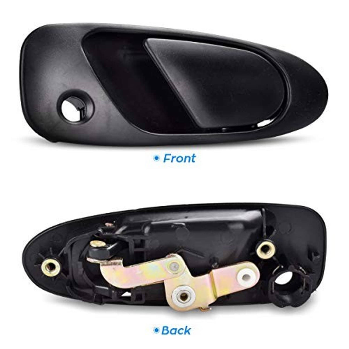 Black exterior door handle with keyhole opening and visible mounting hardware (back view)