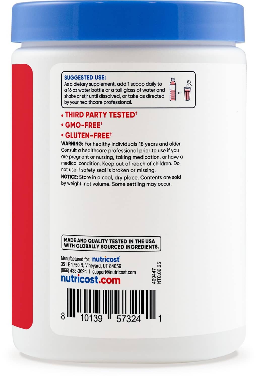 Electrolyte complex powder bottle back label with barcode and GMP info