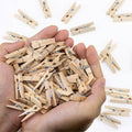 Hand holding wooden mini photo clothes pins set with metal spring clips