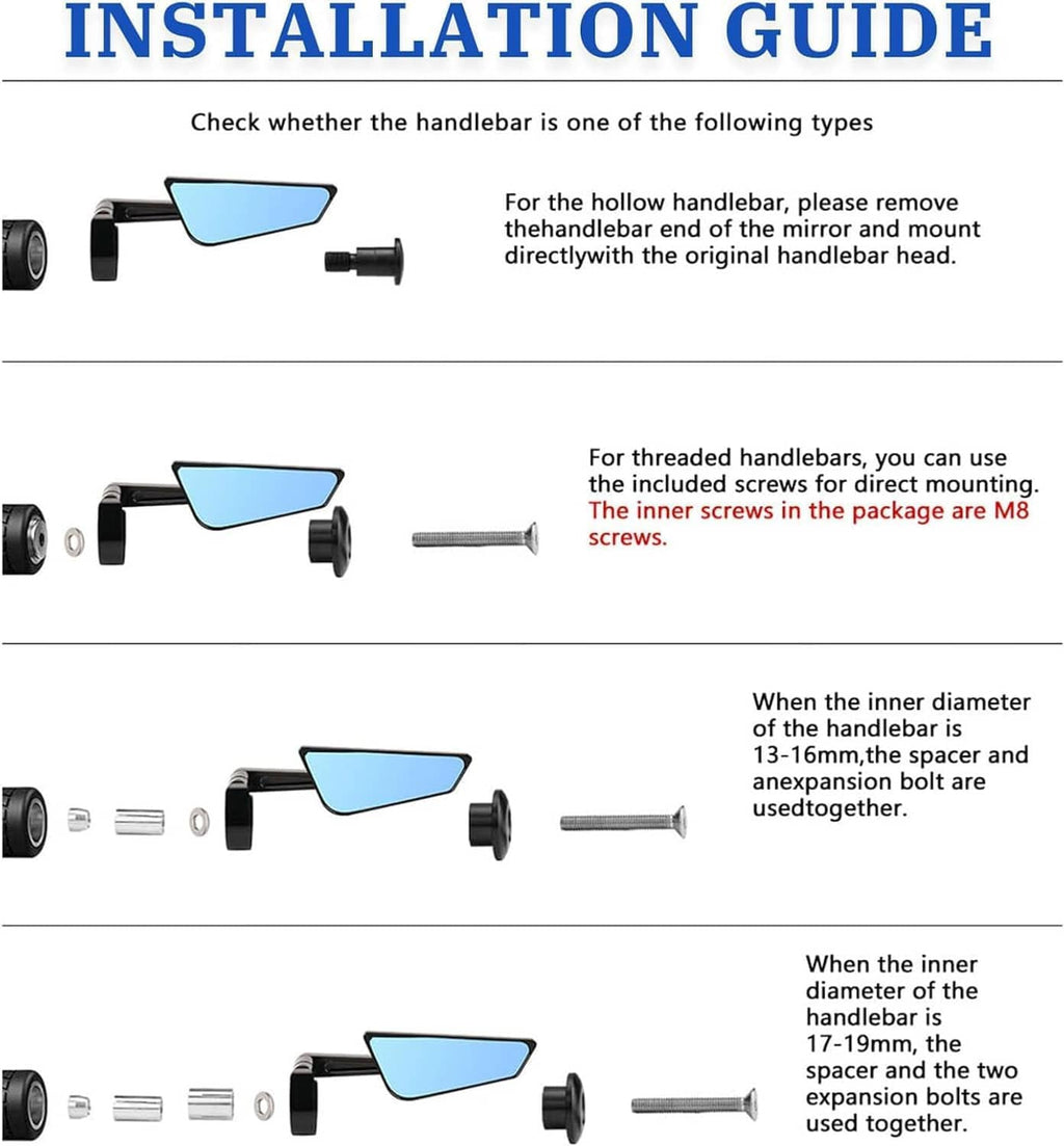 Motorcycle bar-end mirror showing hollow and threaded handlebar mounting methods