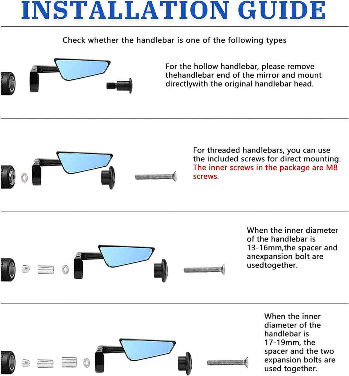 Motorcycle bar-end mirror showing hollow and threaded handlebar mounting methods