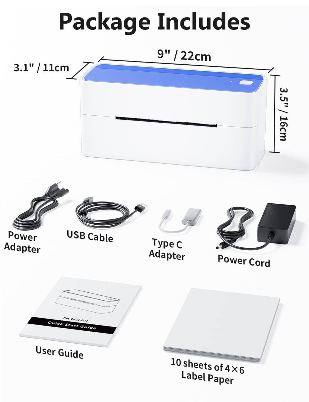 Thermal label printer bundle with power adapter, USB and Type-C cables, label paper