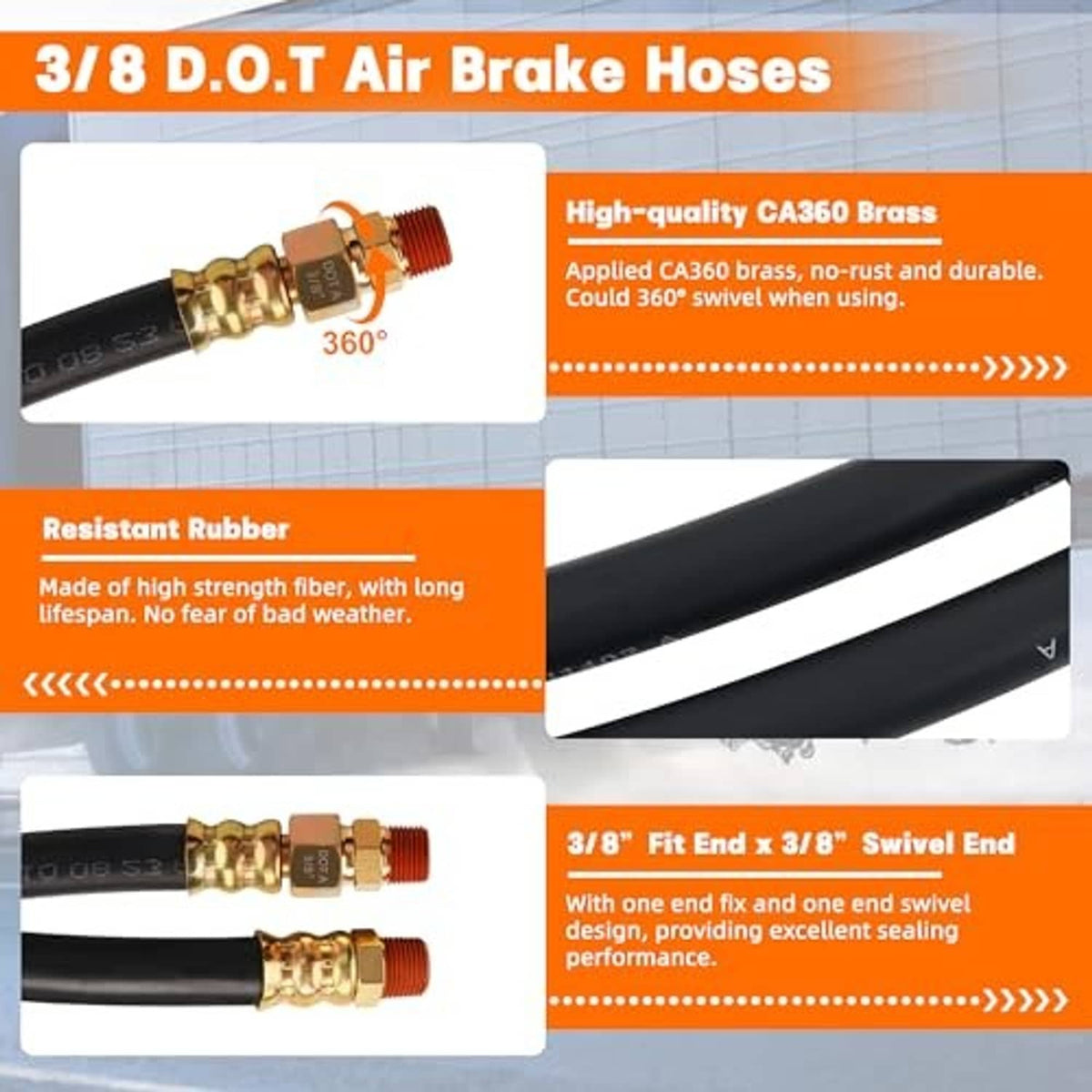3/8 in D.O.T air brake hose with 90-degree brass fittings and black rubber tubing
