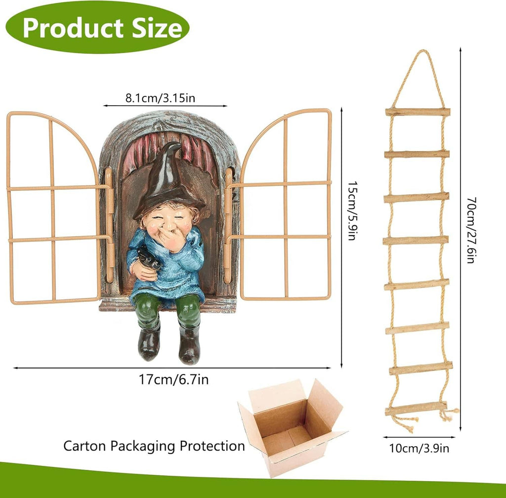 Garden gnome ladder decoration with arched window frame, product size diagram