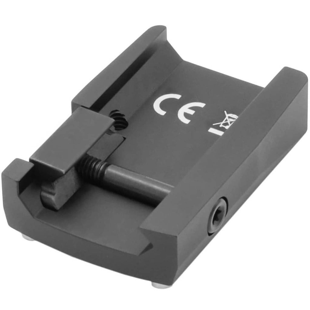 Picatinny rail mount with side clamp, screw, and CE marking on base