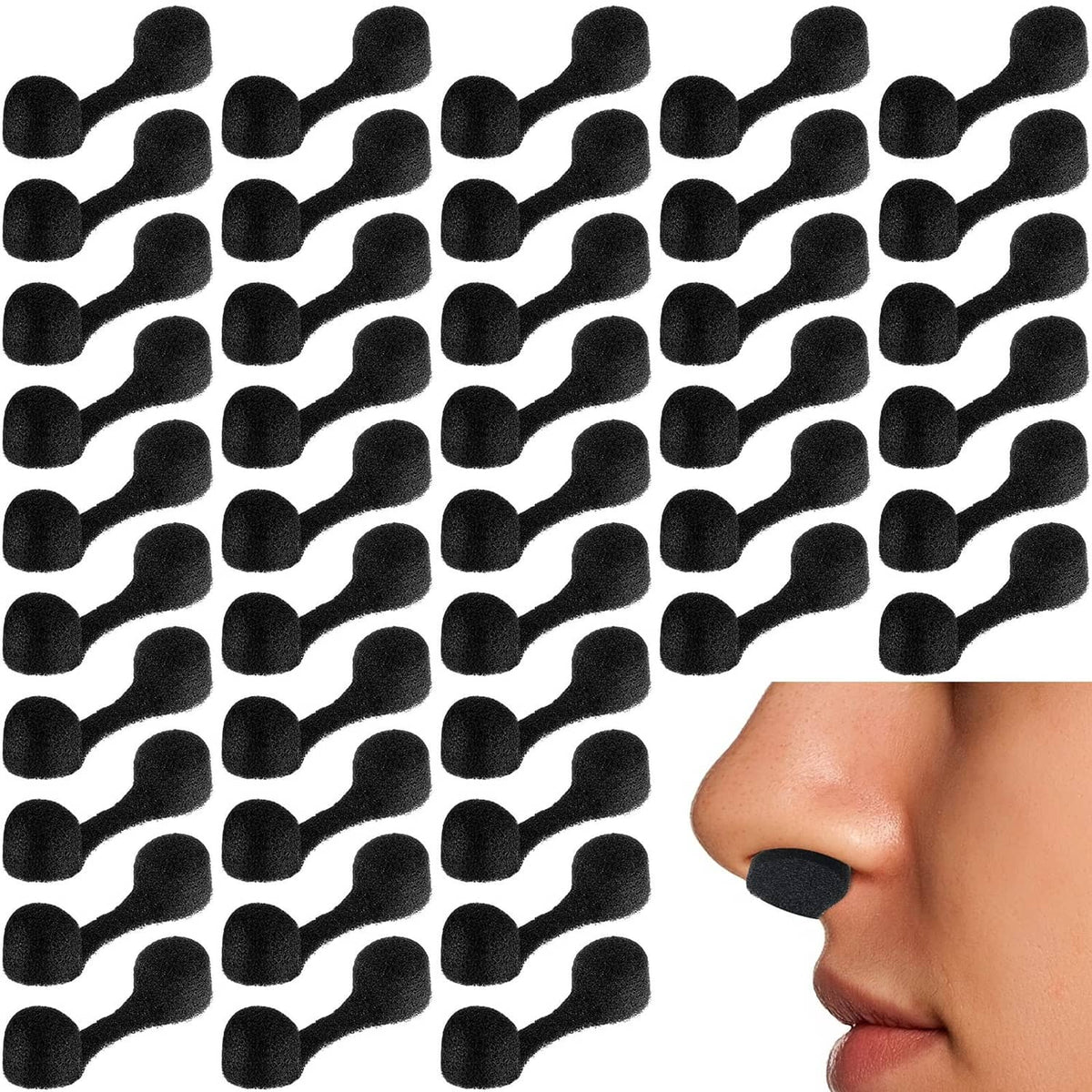 Close-up of black disposable sponge nose plug on nostril, soft filter tip