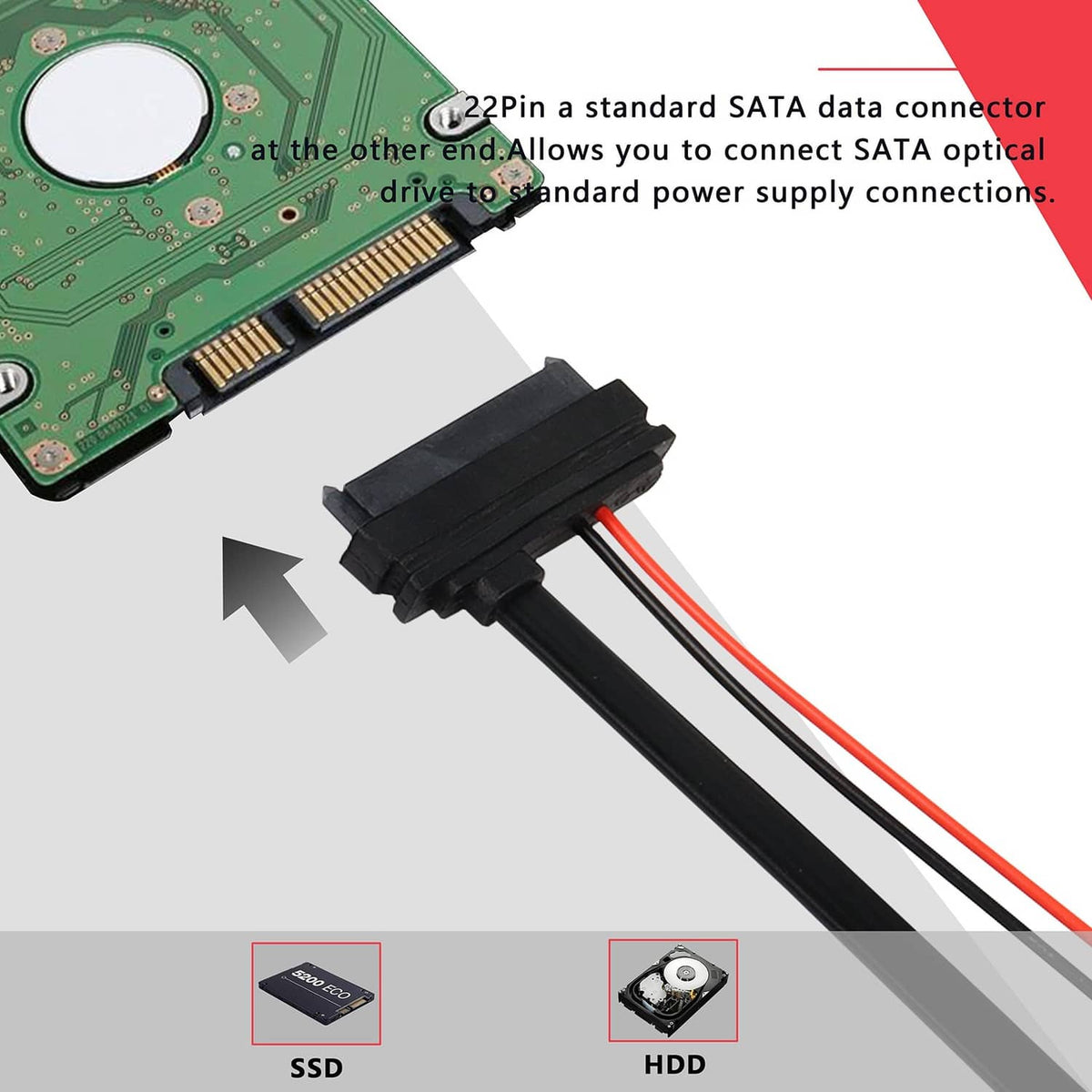 SATA data extension cable connector attached to a circuit board, with red/black wires