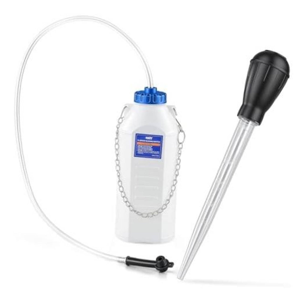 Brake bleeder bottle kit with white 1L bottle, blue cap, hose, and fluid extractor