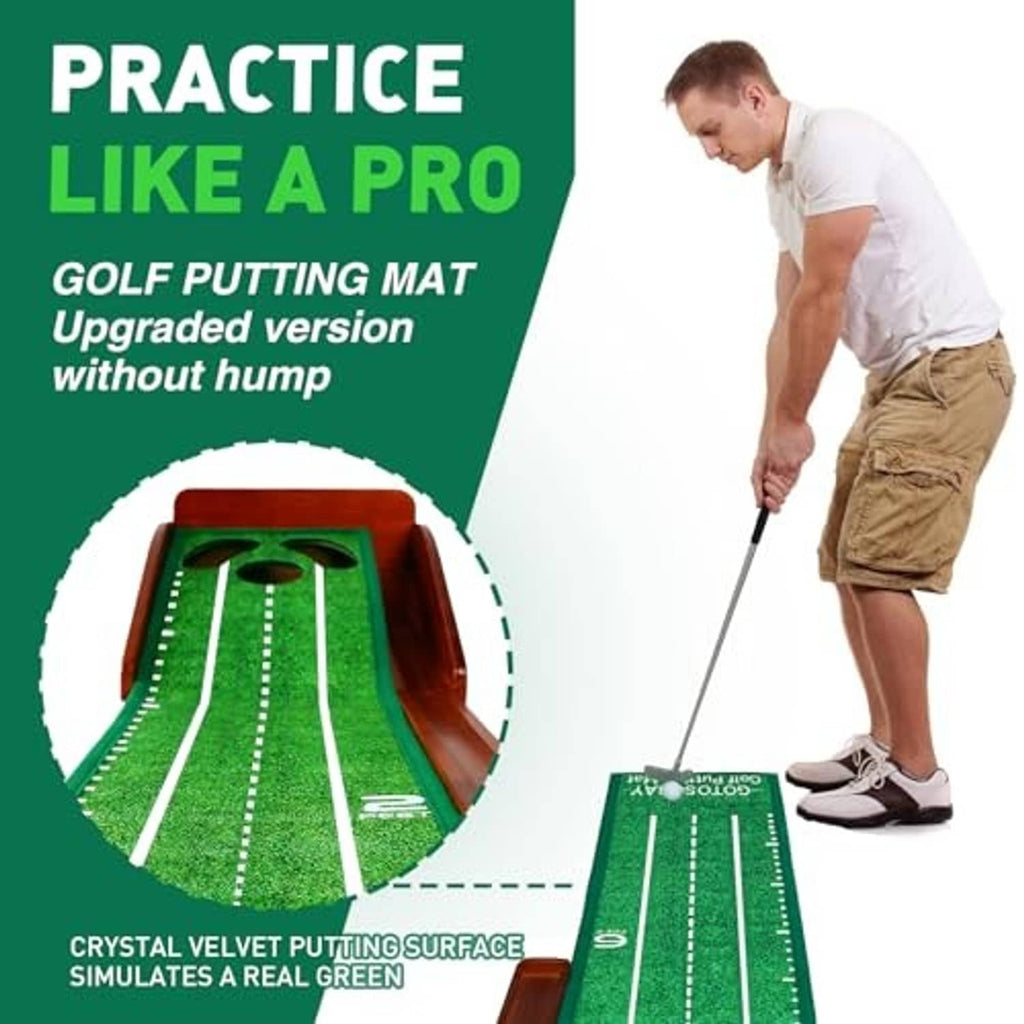 Golf putting mat with crystal velvet putting surface, rolled design, and training lines