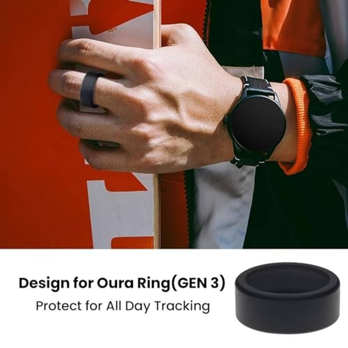 Black silicone ring cover case for Oura Ring Gen 3, worn on wrist