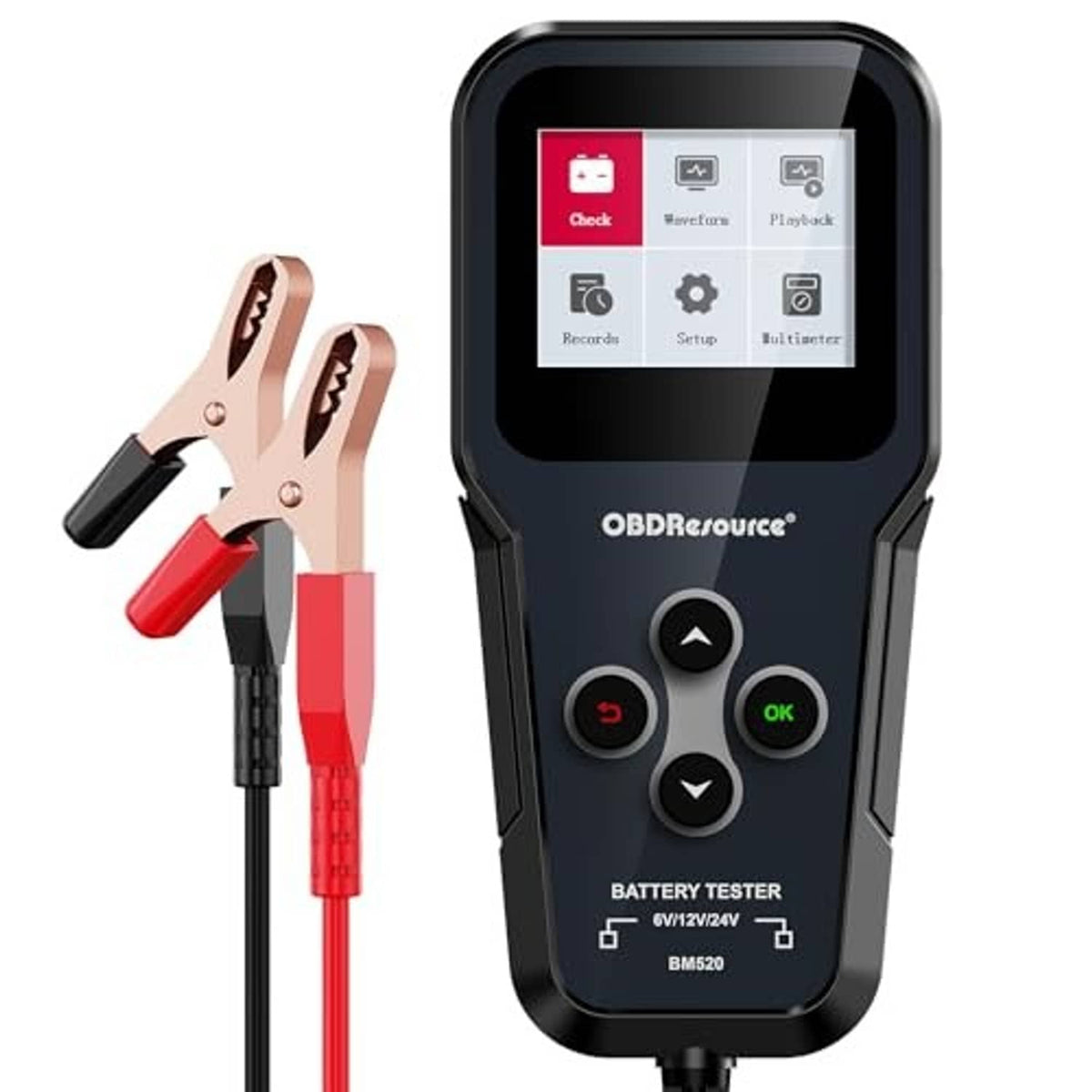 Handheld car battery tester with lit screen and control buttons, with attached battery clamps