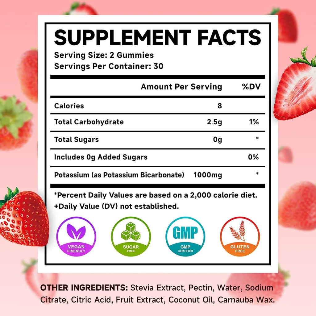 Potassium gummies supplement facts panel showing 1000mg potassium (as bicarbonate) per serving