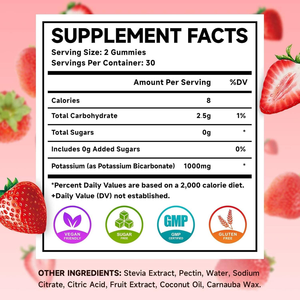Potassium gummies supplement facts panel showing 1000mg potassium (as bicarbonate) per serving