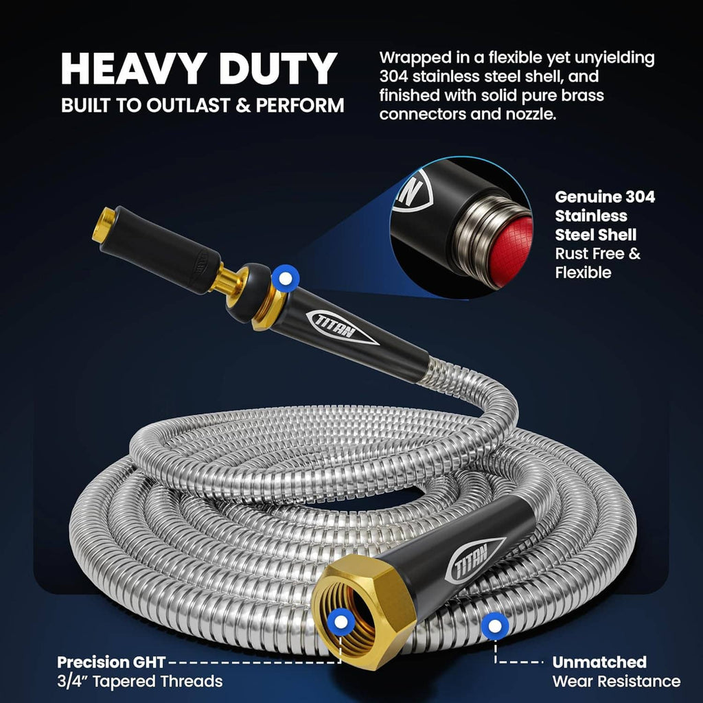 Coiled stainless steel garden hose with black inline connector and gold brass ends