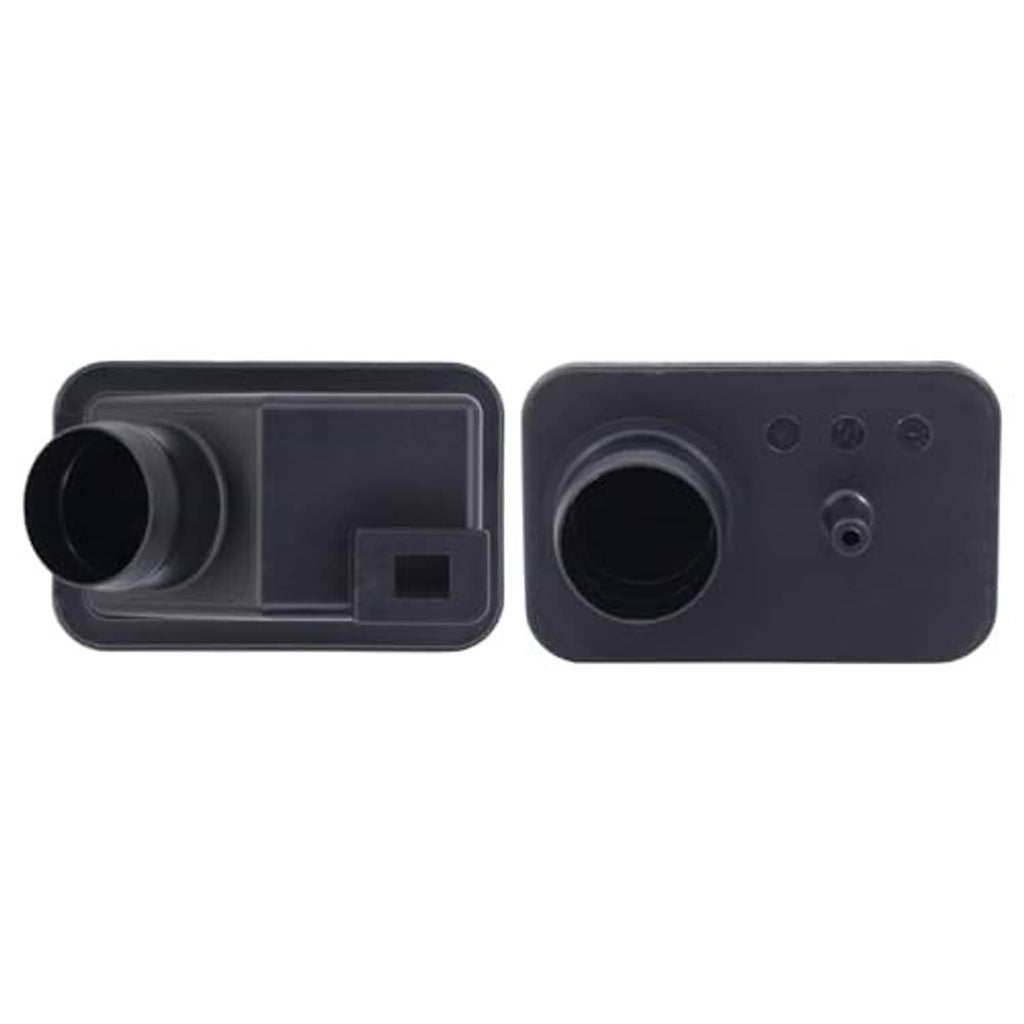 Engine air intake chamber cover, side and back views, black plastic with outlet port.