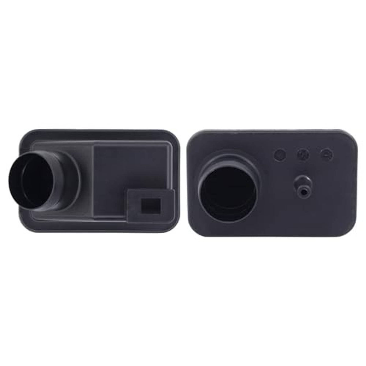 Engine air intake chamber cover, side and back views, black plastic with outlet port.